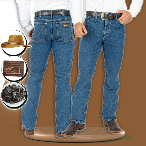 Kit Calça Jeans Masculina Wangle em Lã e Poliéster + BRINDES: Fivela, Chapéu e Carteira