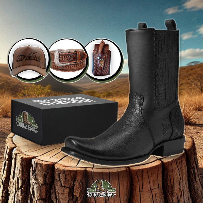 Kit Bota Maverick 2.0 Masculino de Couro Robusto + 3 BRINDES: Cinto, Chapéu e Carteira