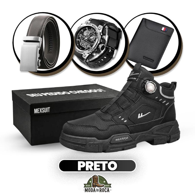 Kit Bota Militar Warrior Masculina de Couro Legitimo + 3 BRINDES: Cinto, Relógio e Carteira