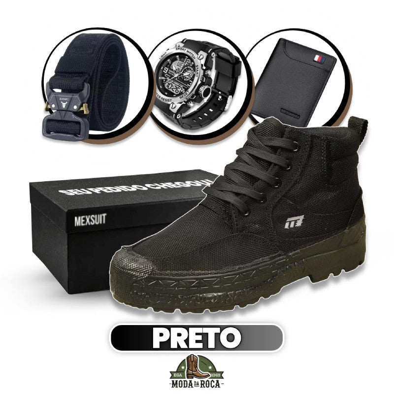 Kit Bota Militar Tactical Masculina de Couro Legitimo + 3 BRINDES: Cinto, Relógio e Carteira