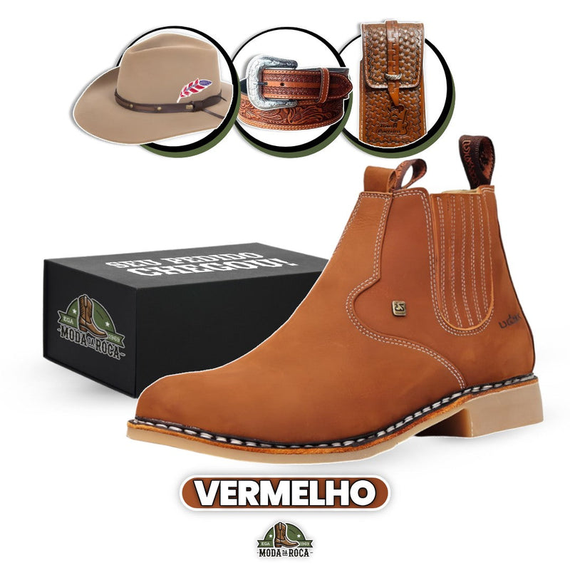 Kit Bota Texas Masculina Ortopédica de Couro Legítimo + 3 BRINDES: Chapéu, Cinto e Capinha