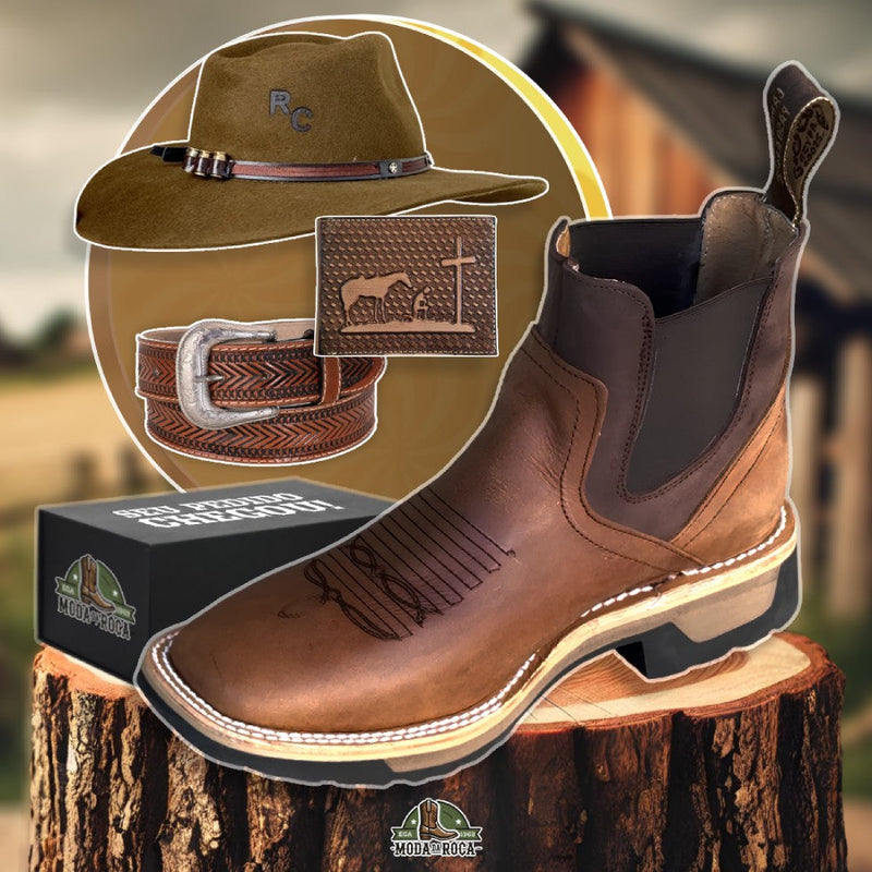 Kit Bota Masculina Rider em Couro Robusto Premium + Cinto, Chapéu e Carteira de BRINDES