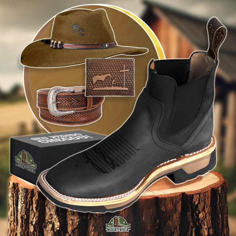 Kit Bota Masculina Rider em Couro Robusto Premium + Cinto, Chapéu e Carteira de BRINDES