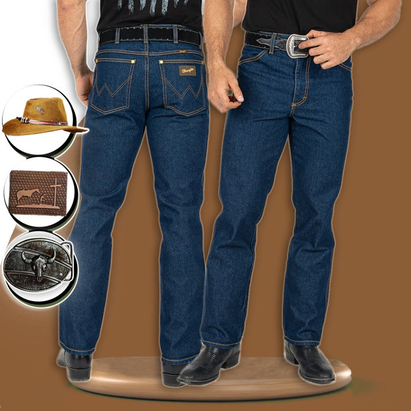 Kit Calça Jeans Masculina Wangle em Lã e Poliéster + BRINDES: Fivela, Chapéu e Carteira