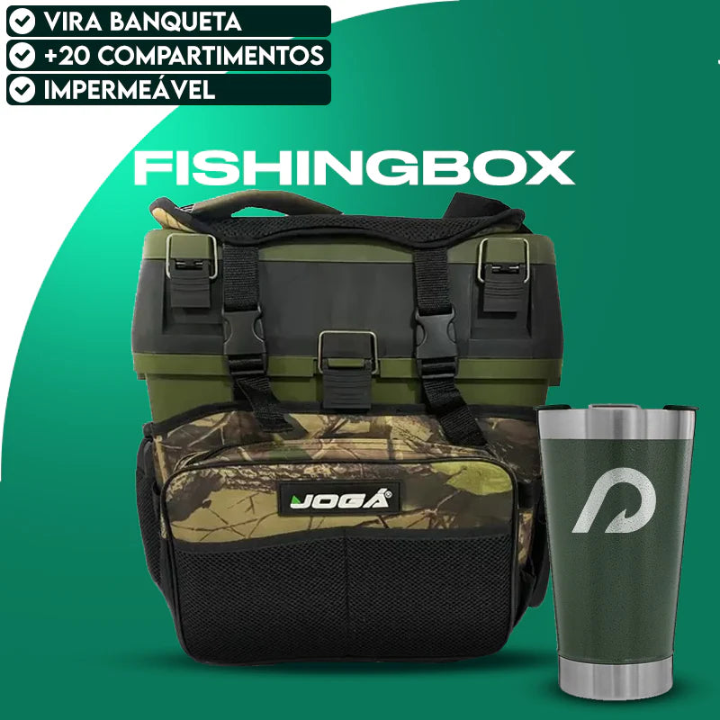 Mochila Fishing Box Multifuncional Camuflada | BRINDE: Copo Térmico